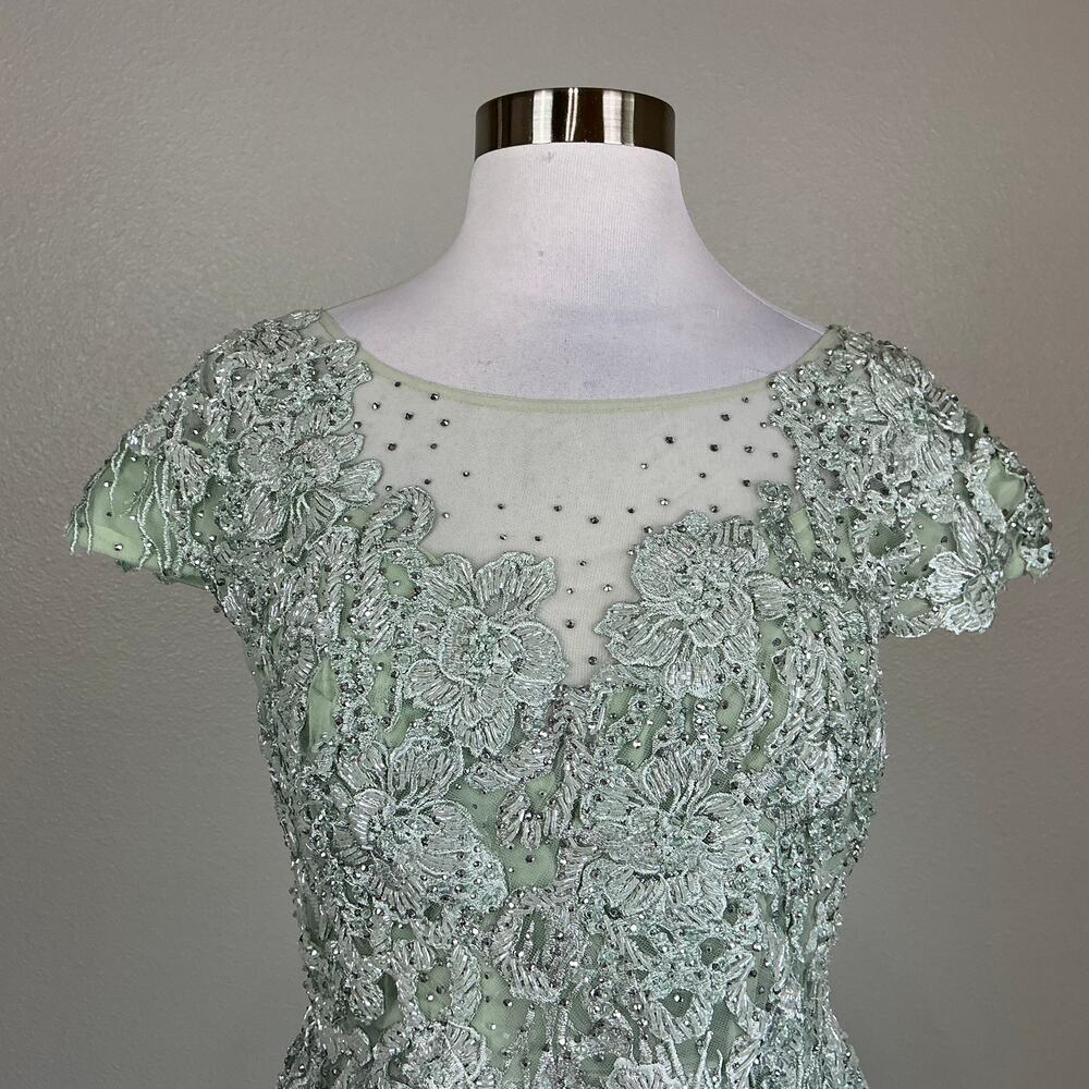 Mac Duggal 20978 Sage Green Cocktail Dress Beaded Lace Fit & Flare Midi Size 12 - Picture 6 of 10